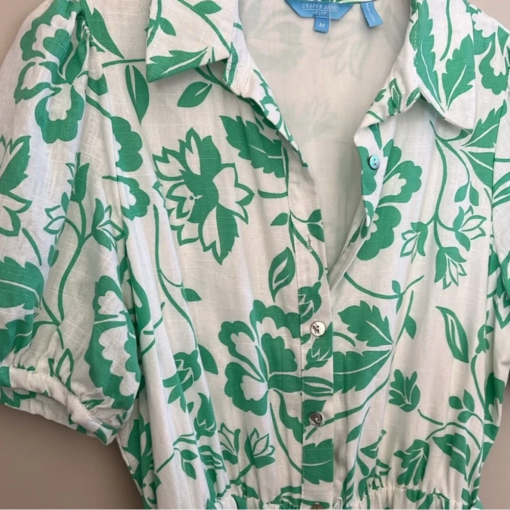 Draper James Puff Sleeve Green Floral Dress Size Medium Linen Blend Button Up - Picture 5 of 10